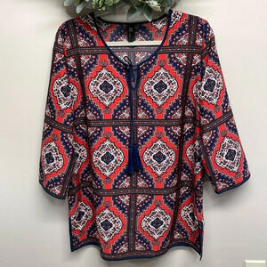 KUT From The Kloth Boho Print Tunic Tassel Keyhole 3/4 Sleeve Top M